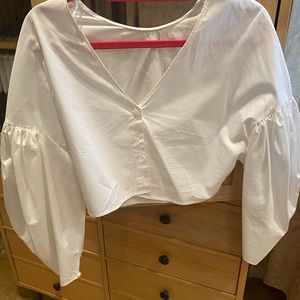Zara White Wide Sleeve Button Up Blouse